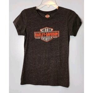 Harley‎ Davidson Motorcycles Women's Medium Bejeweled S/S Top Gray C&A Ohio EUC